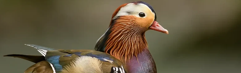 Anatra mandarina. Uccello estremamente colorato con dettagli marroni, blu, verdi, viola, rossastri e bianchi.